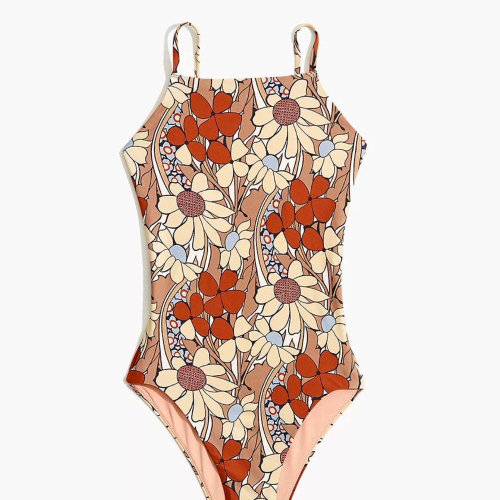 Floral Print One-Piece Swimsuit - Rust & Cream